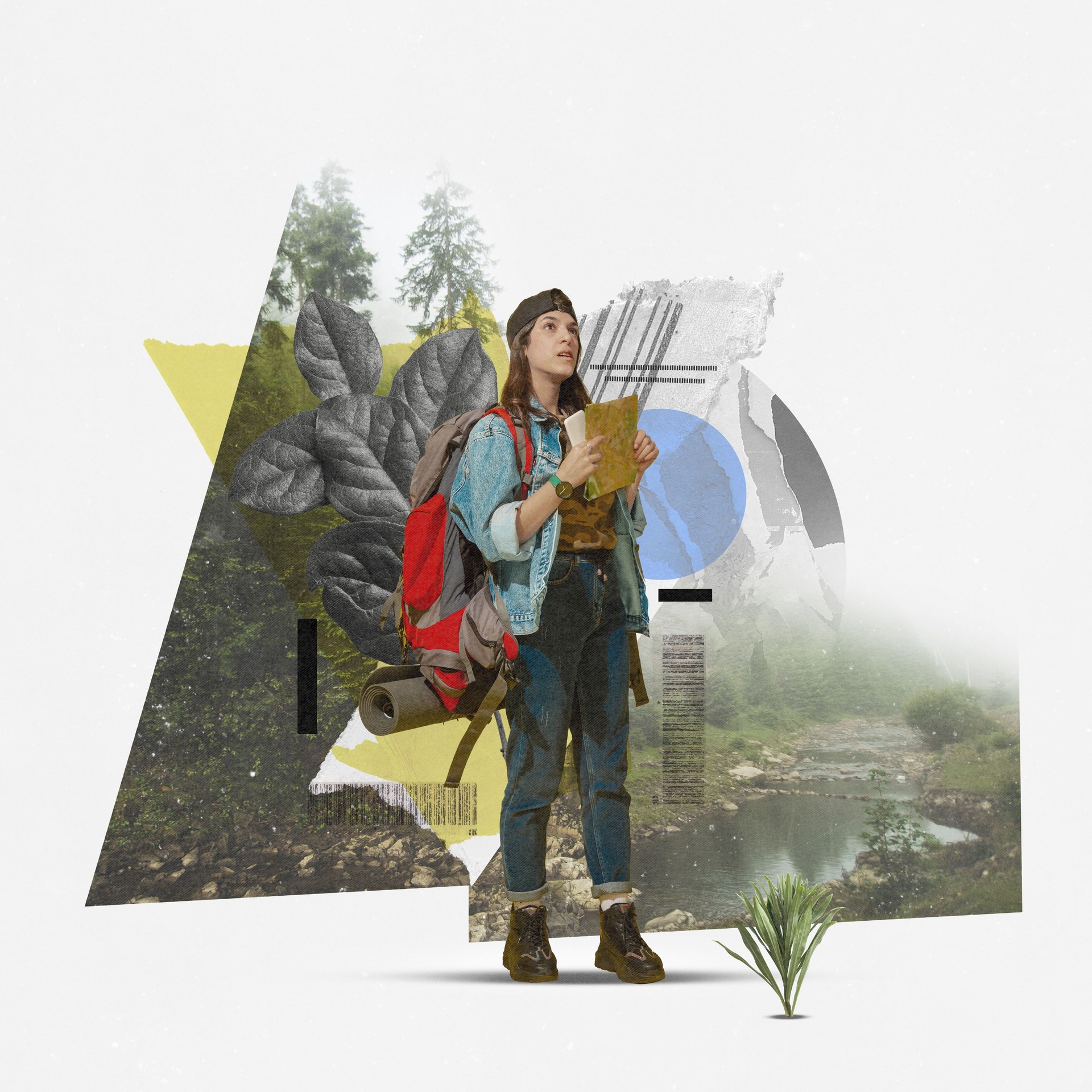 Young woman, active tourism lovers standing with backpack and map, going hiking against abstract floral background. Contemporary art collage.